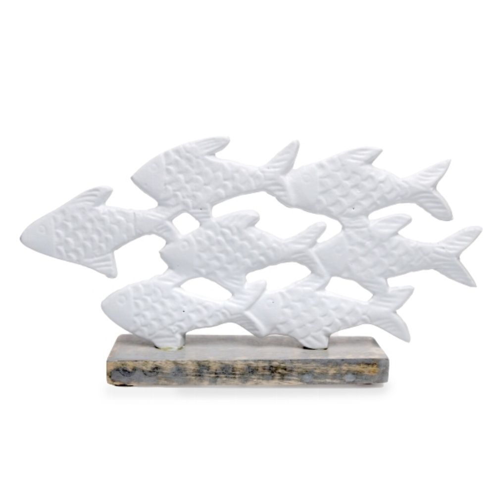 Dekorative Fische Skulptur, Aluminium und Mangoholz, 30 x 5 x 16 cm, Weiß/Natur