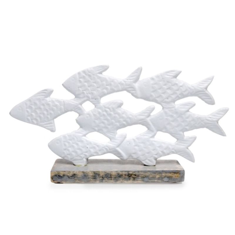 Dekorative Fische Skulptur, Aluminium und Mangoholz, 30 x 5 x 16 cm, Weiß/Natur