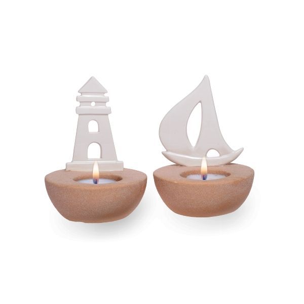 Maritime Teelichthalter Set, Leuchtturm & Segelboot Design, 13 cm Höhe, Porzellan, Cremefarben/Beige, 2-teilig