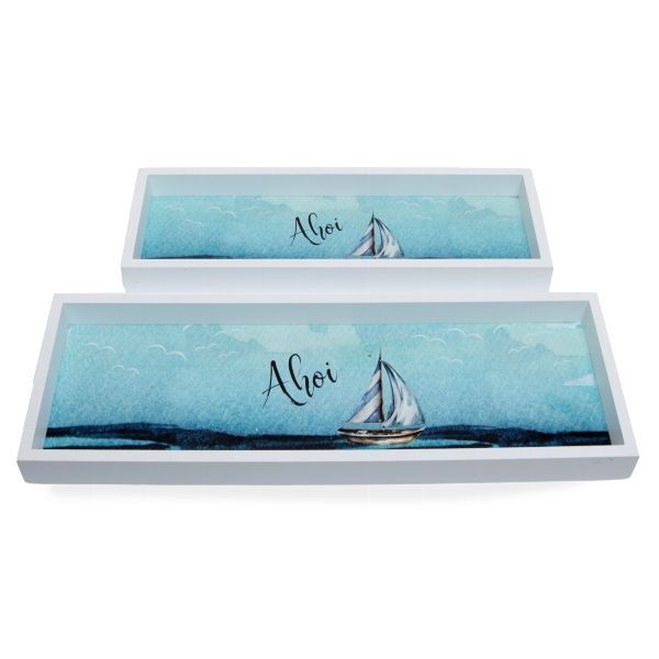 Maritimes Deko-Tablett-Set, 2-teilig, AHOI-Motiv mit Segelboot, 45x15x3cm/35x12x3cm, Weiß