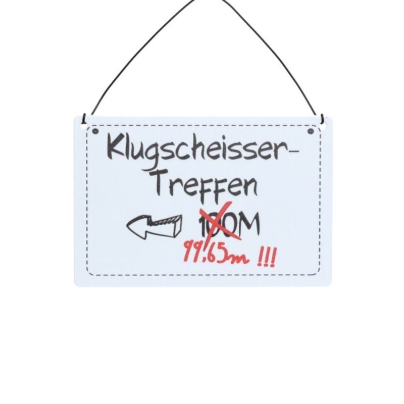 Dekoratives Wandschild 'Klugscheisser-Treffen', 15 x 10 cm, Weiß, Eisen mit Drahthänger