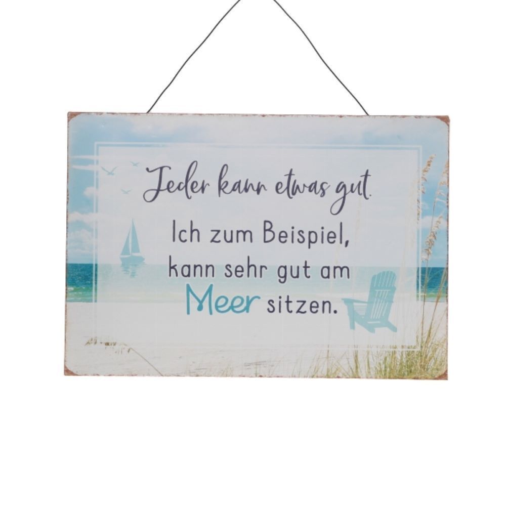 Dekoratives Wandschild mit Strandmotiv, Maritimes Metallschild mit Spruch, 32 x 22 cm