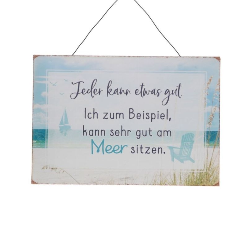 Dekoratives Wandschild mit Strandmotiv, Maritimes Metallschild mit Spruch, 32 x 22 cm