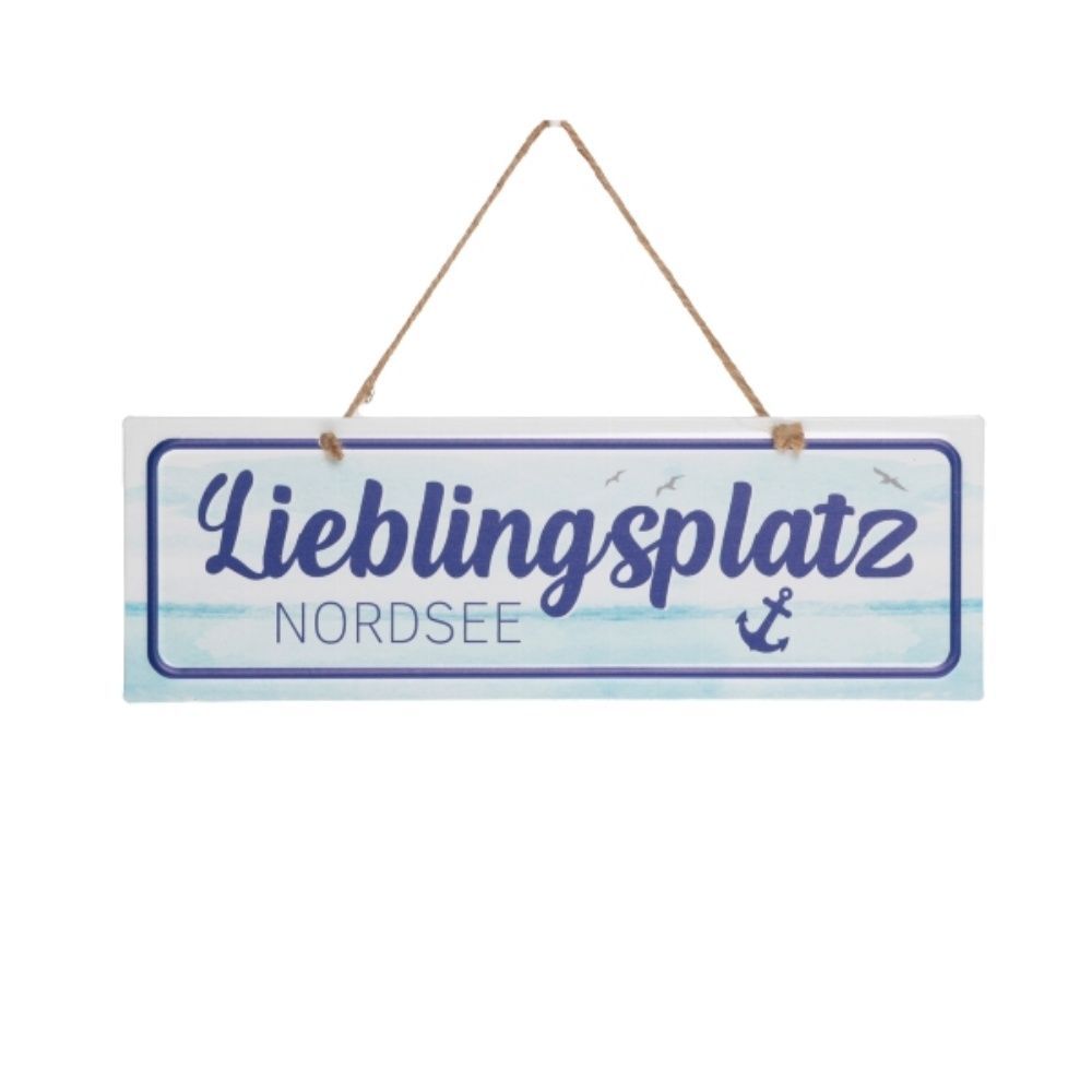 Maritimes Dekoschild Lieblingsplatz Nordsee, Eisen mit Juteband, 30 x 10 cm, Blau-Weiß