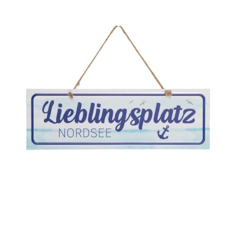 Maritimes Dekoschild Lieblingsplatz Nordsee, Eisen mit Juteband, 30 x 10 cm, Blau-Weiß