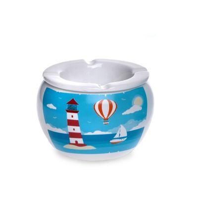 Maritimer Keramik-Aschenbecher, Leuchtturm-Design, 12,5 cm Durchmesser, Weiß/Blau