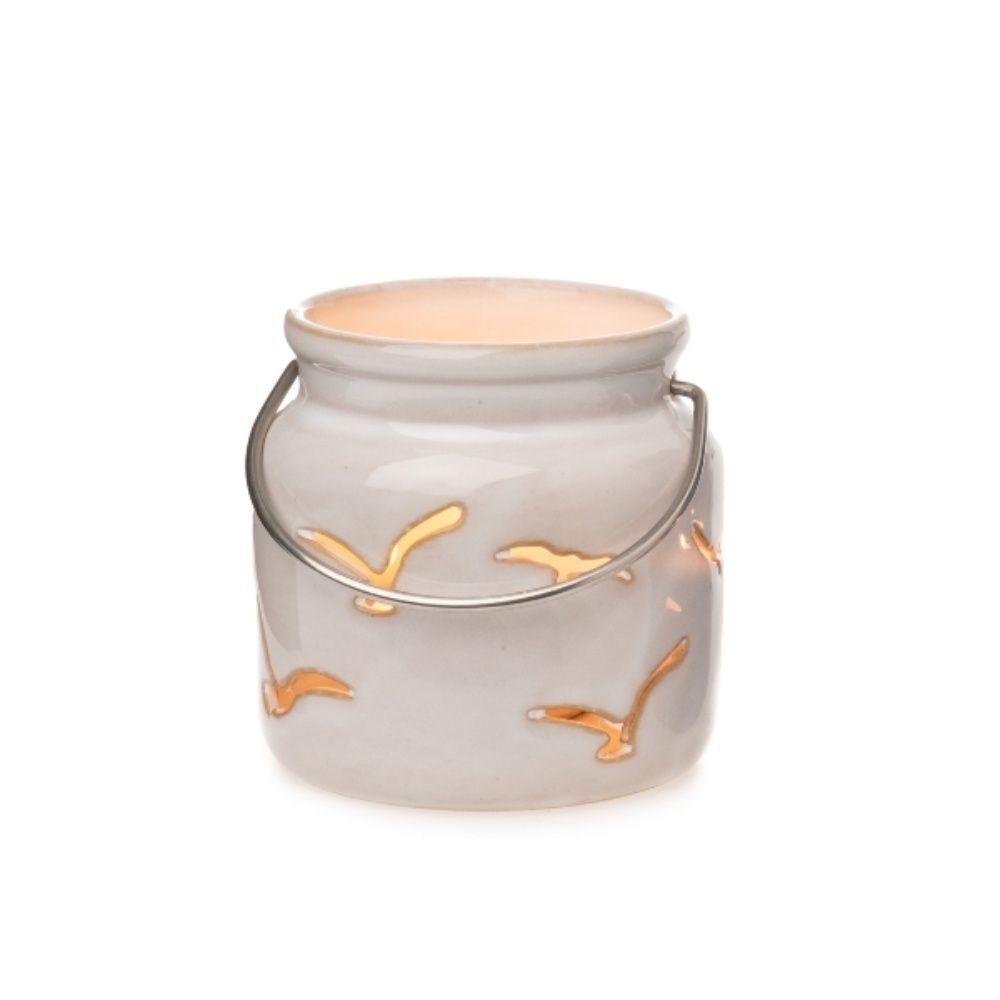 Dekoratives Windlicht mit Vogeldesign, Steingut, 10 cm Durchmesser, Helltaupe, Glasiert