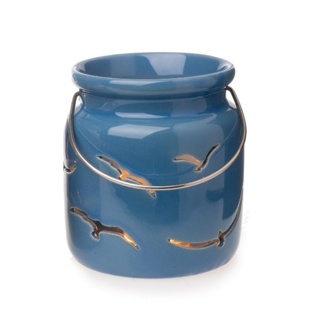Dekoratives Windlicht mit Vogeldesign, Steingut, Blau-Grau, 10 x 10,5 cm, mit Metallhenkel