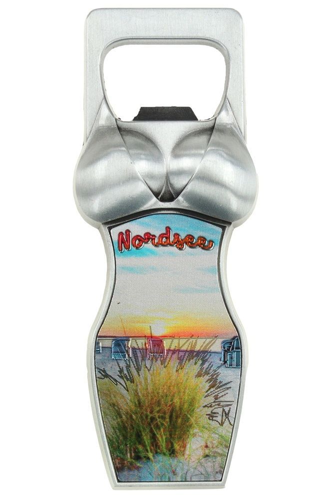 Bikini Flaschenöffner Metall Nordsee Design, Strandmotiv mit Dünen und Sonnenuntergang