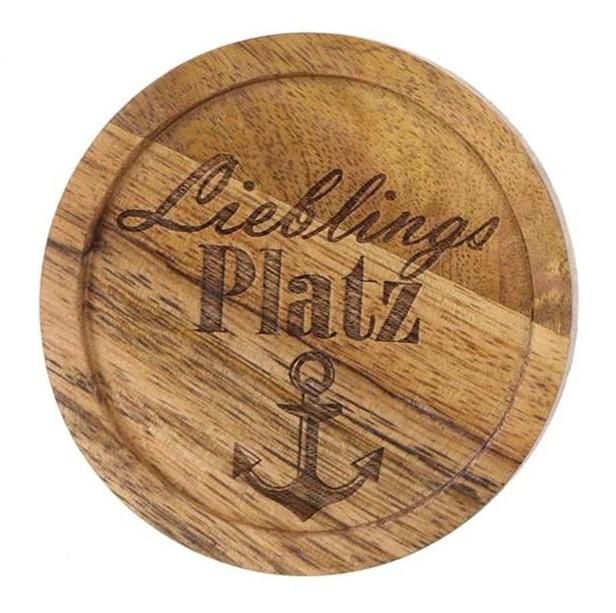 Untersetzer Rund aus Mangoholz mit Gravur Lieblings Platz, Natur Braun, 10 cm Durchmesser, 0,8 cm Dick