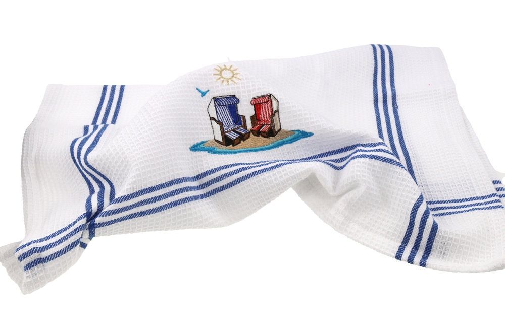 Geschirrtuch mit Waffelstruktur Strandkörbe Motiv, Weiß mit Blauen Streifen, Baumwolle, 50 x 70 cm, Maritimer Stil
