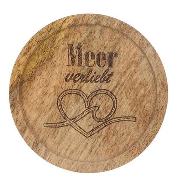Mango Holz Untersetzer Meer verliebt mit Herz Gravur, Rund, Natur Braun, 10 cm Durchmesser