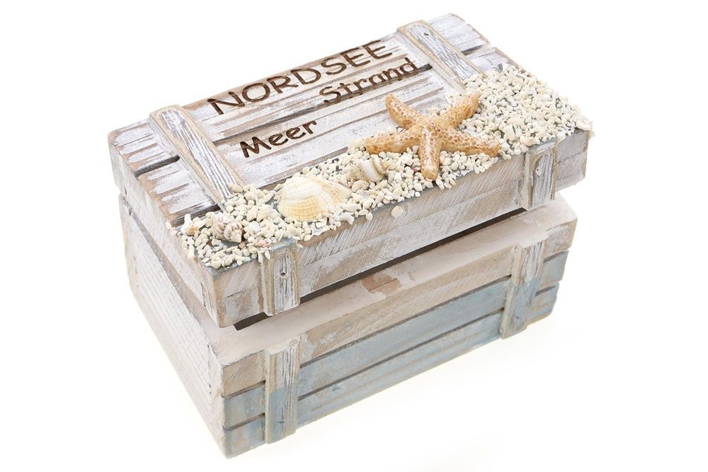Kleine Maritime Holztruhe Nordsee-Strand-Meer mit Muscheln und Seestern Dekoration, 11x7x7 cm Kleine Maritime Holztruhe Nordsee-Strand-Meer mit Muscheln und Seestern Dekoration, 11x7x7 cm