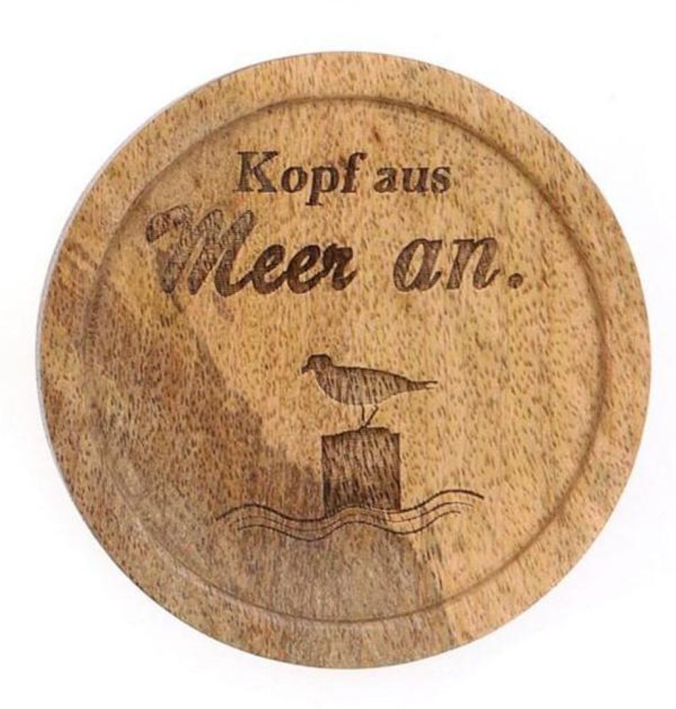 Mango Holz Untersetzer Rund, Natur Braun, 10 cm Durchmesser, Lasergravur Kopf aus, Meer an. mit Möwe Motiv