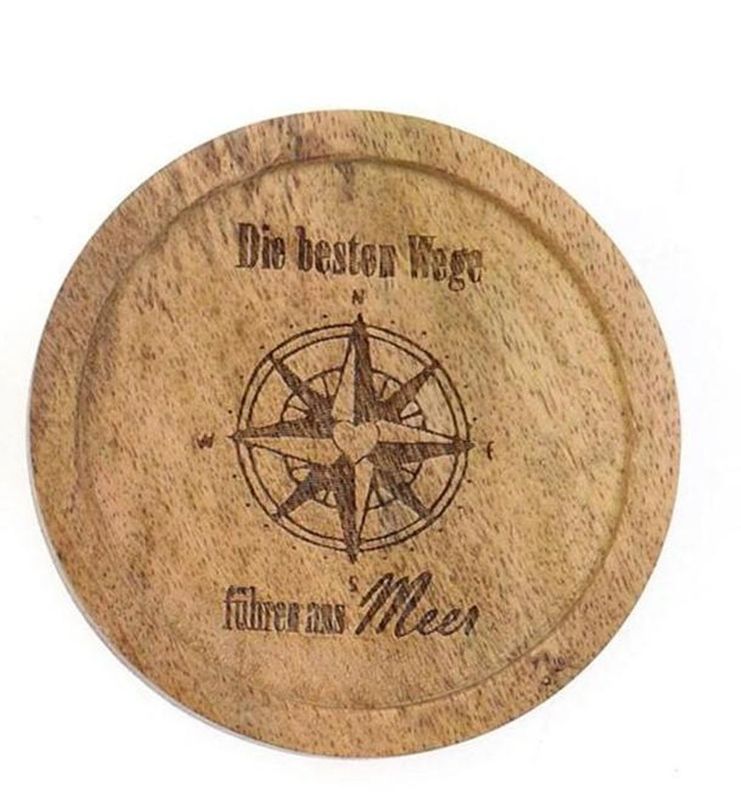 Mango Holz Untersetzer mit Kompass-Gravur Die besten Wege führen ans Meer, Rund, 10 cm