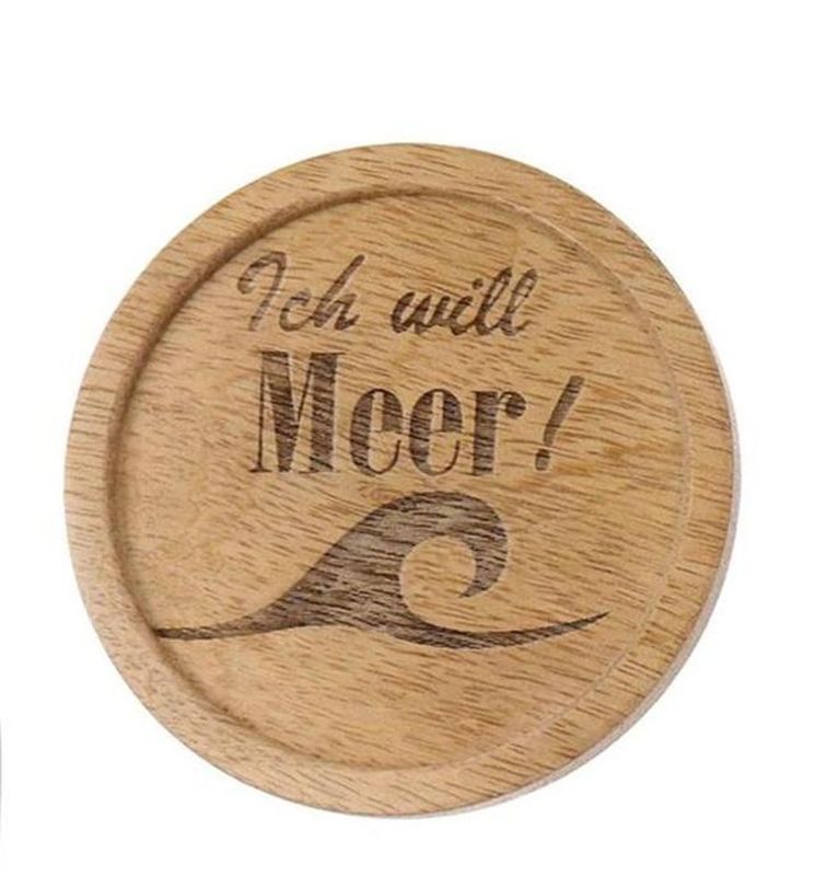 Mango Holz Untersetzer mit Gravur Ich Will Meer, Wellen Design, Rund, 10 cm Durchmesser
