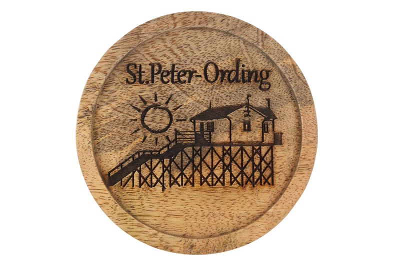 St. Peter-Ording Untersetzer aus Mango Holz, Rund, 10 cm, mit Strandhaus Motiv