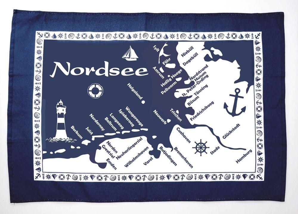 Nordsee Geschirrtuch, Maritim, Baumwolle, Waffelgewebe, Blau und Weiß, 50 x 70 cm, Rechteckig