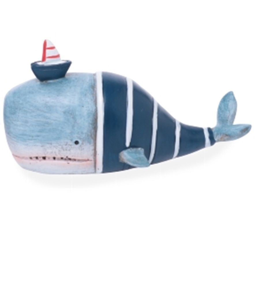 Wal Figur mit Hut und Boot, Blau Weiß Rot, Polyresin, 10,5 x 5 x 5 cm, Nautisches Thema, 2 Sortiert