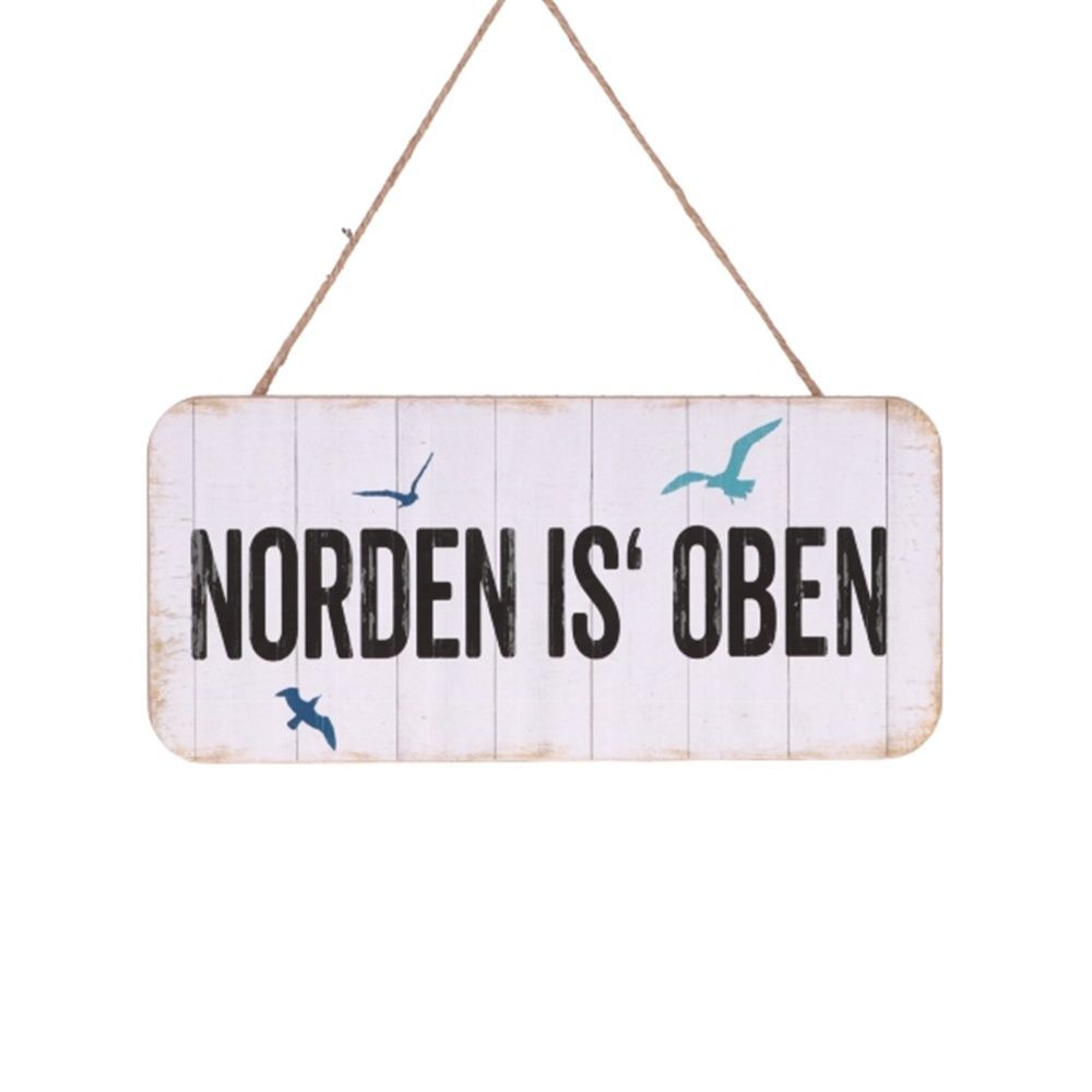 Maritimes Dekoschild mit Spruch 'Norden is' Oben', Holzoptik mit Möwen, MDF/Papier, 26 x 12,5 x 0,6 cm, Hängeschild mit Kordel