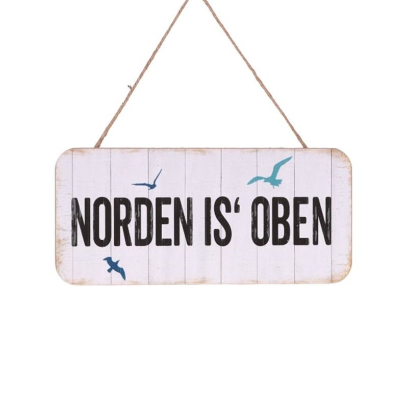 Maritimes Dekoschild mit Spruch 'Norden is' Oben', Holzoptik mit Möwen, MDF/Papier, 26 x 12,5 x 0,6 cm, Hängeschild mit Kordel