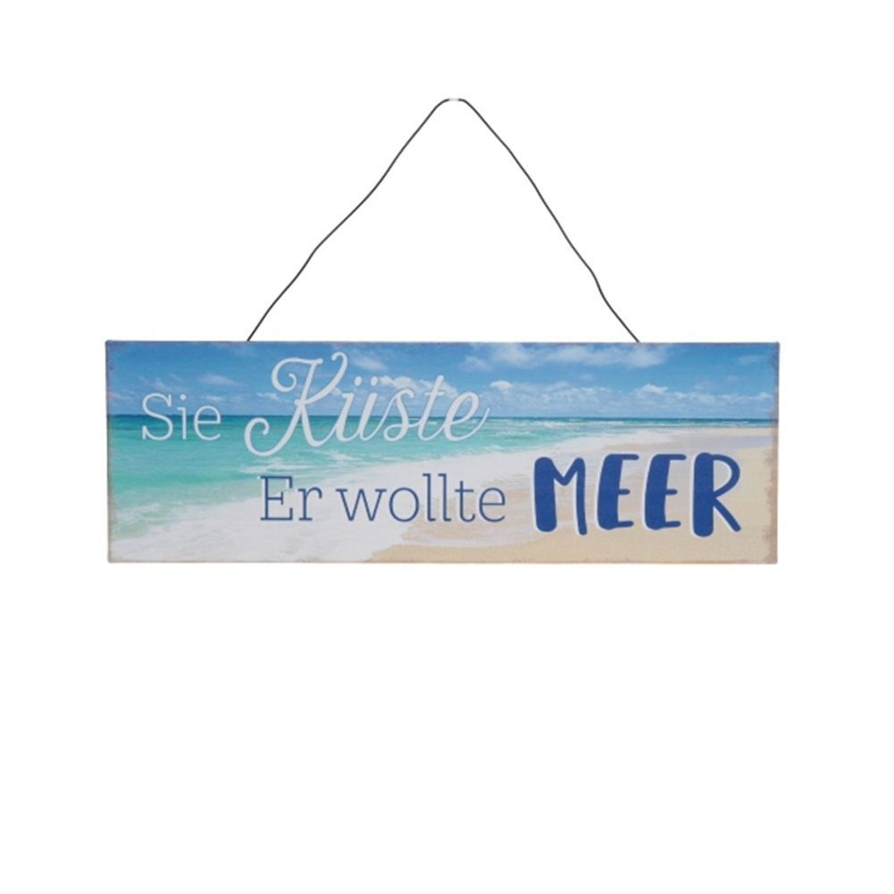 Dekoratives Wandschild mit Küsten-Motiv, Blau, Eisen mit Drahthänger, 30 x 10 cm, Strand-Thema, Deutsche Aufschrift 'Sie Küste Er wollte Meer' Dekoratives Wandschild mit Küsten-Motiv, Blau, Eisen mit Drahthänger, 30 x 10 cm, Strand-Thema, Deutsche Aufschrift 'Sie Küste Er wollte Meer'