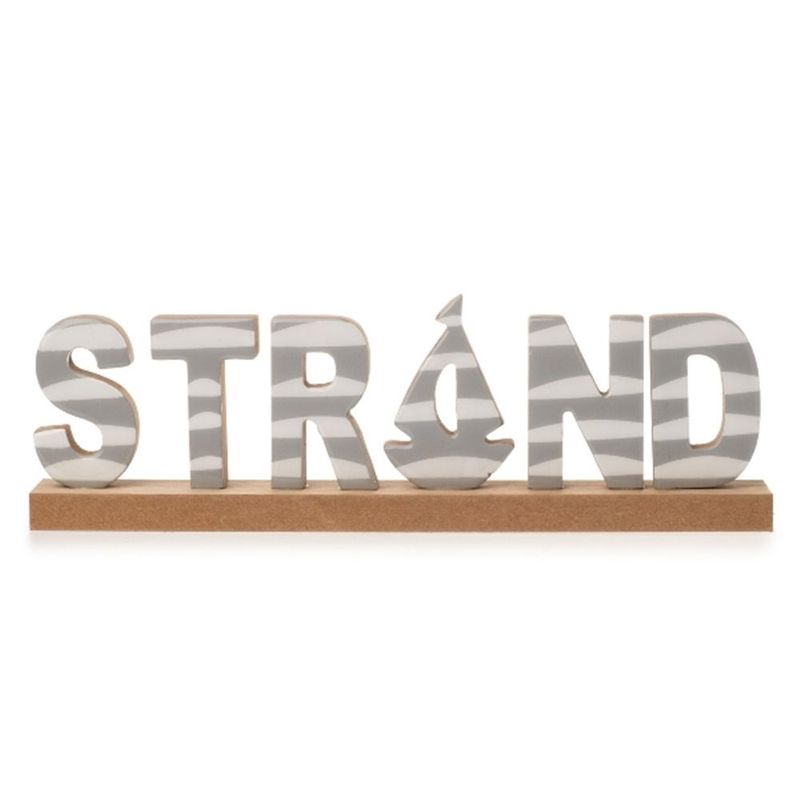 Strand Schriftzug auf Bambus Stand, Grau/Weiß, 30 x 4 x 8,5 cm, Dekorative Strandhaus Dekoration