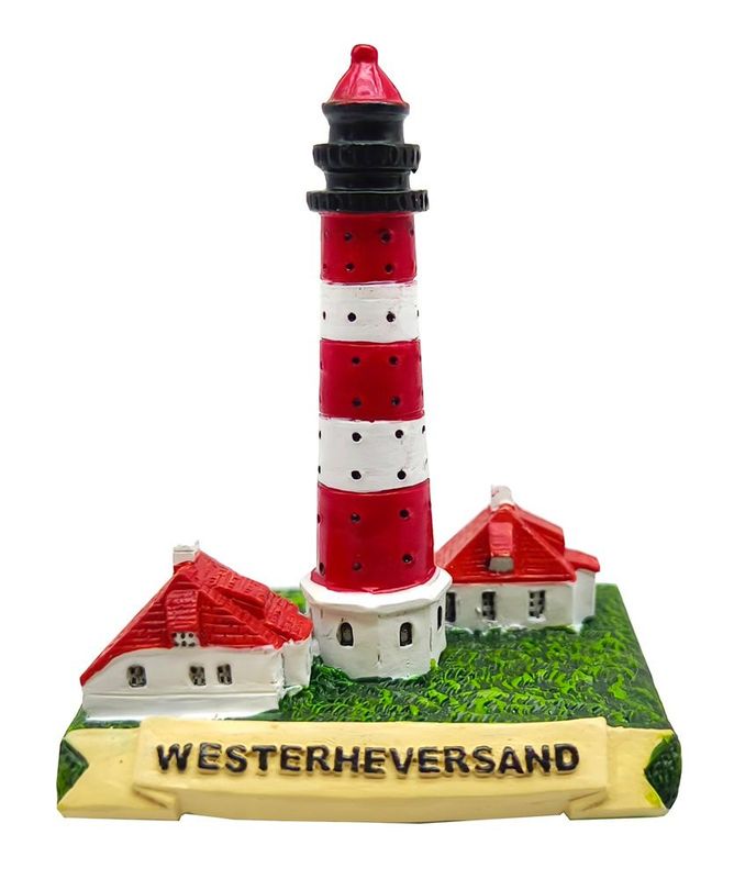 Leuchtturm Westerheversand St. Peter Miniatur Skulptur, Rot-Weiß gestreift mit Leuchtfeuer, 6 cm, Dekorative Souvenir Figur auf Basis