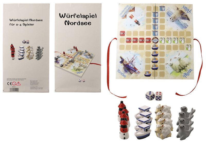 Würfelspiel Nordsee, Brettspiel für 2-4 Spieler, 24x24cm, mit Leuchtturm, Schiff, Schaf und Seehund Spielfiguren, inkl. Würfel und Spielanleitung Würfelspiel Nordsee, Brettspiel für 2-4 Spieler, 24x24cm, mit Leuchtturm, Schiff, Schaf und Seehund Spielfiguren, inkl. Würfel und Spielanleitung