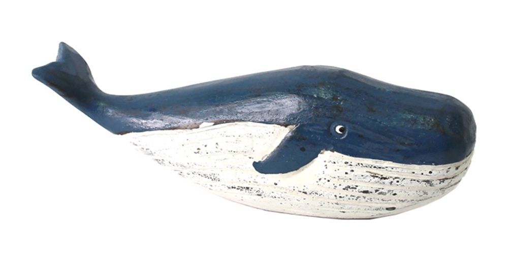 Wal Figur aus Holz, Blau und Weiß, 24 x 5 x 8 cm, Dekorative Maritime Skulptur