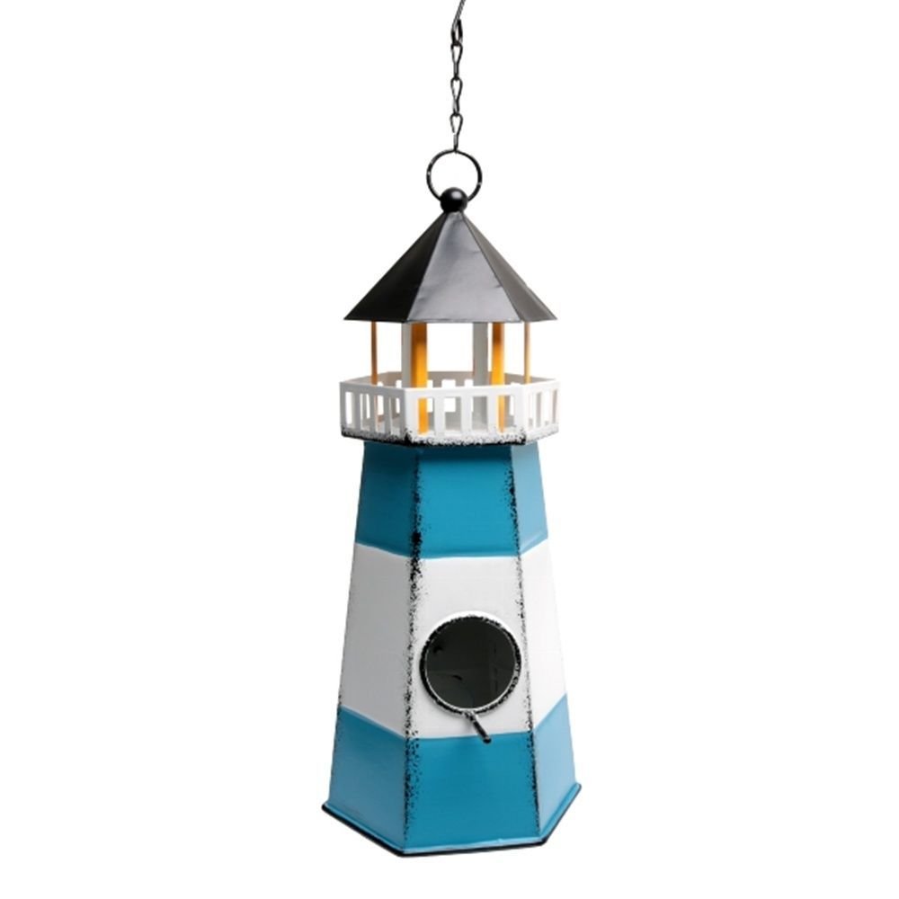 Leuchtturm Hänger, Blau/Weiß/Schwarz, Metall, Maritime Dekoration, 15 cm Durchmesser x 34 cm Höhe