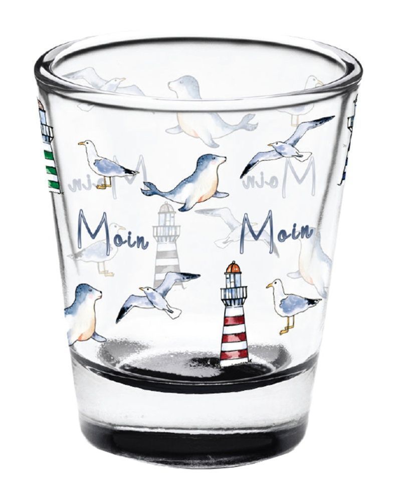 Schnapsglas mit Moin-Motiv, Stamper mit Leuchtturm und Möwen Design, Maritime Dekoration Schnapsglas mit Moin-Motiv, Stamper mit Leuchtturm und Möwen Design, Maritime Dekoration