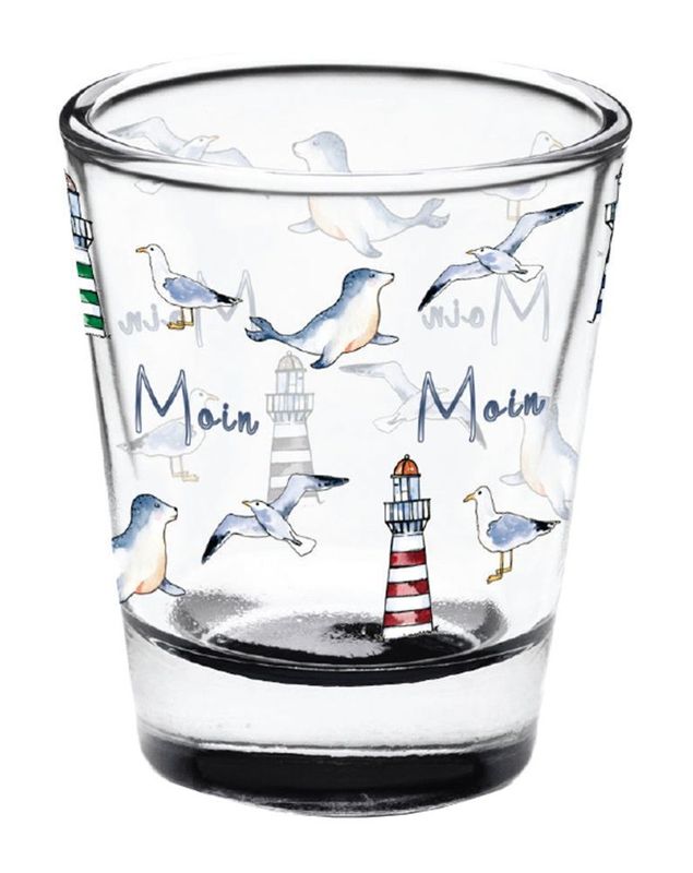 Schnapsglas mit Moin-Motiv, Stamper mit Leuchtturm und Möwen Design, Maritime Dekoration Schnapsglas mit Moin-Motiv, Stamper mit Leuchtturm und Möwen Design, Maritime Dekoration