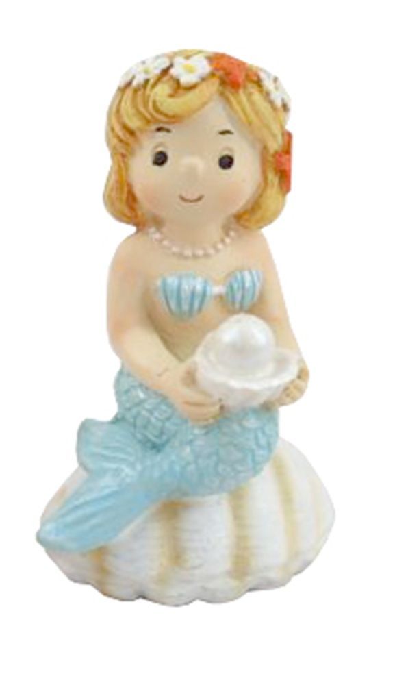 Meerjungfrau Figur auf Muschel, Hellblau, 3,5 x 3 x 5,5 cm, Dekofigur mit Blumenkranz und Perlen Meerjungfrau Figur auf Muschel, Hellblau, 3,5 x 3 x 5,5 cm, Dekofigur mit Blumenkranz und Perlen