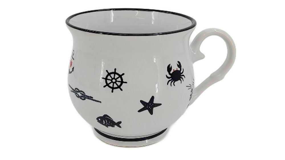 Porzellan Kugelbecher mit maritimen Motiven, Weiß mit schwarzem Rand, 9x9 cm, Nautisches Design mit Schiffsrad, Krabbe, Seestern und Fisch