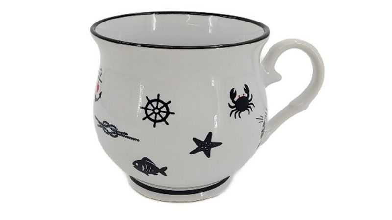 Porzellan Kugelbecher mit maritimen Motiven, Weiß mit schwarzem Rand, 9x9 cm, Nautisches Design mit Schiffsrad, Krabbe, Seestern und Fisch Porzellan Kugelbecher mit maritimen Motiven, Weiß mit schwarzem Rand, 9x9 cm, Nautisches Design mit Schiffsrad, Krabbe, Seestern und Fisch