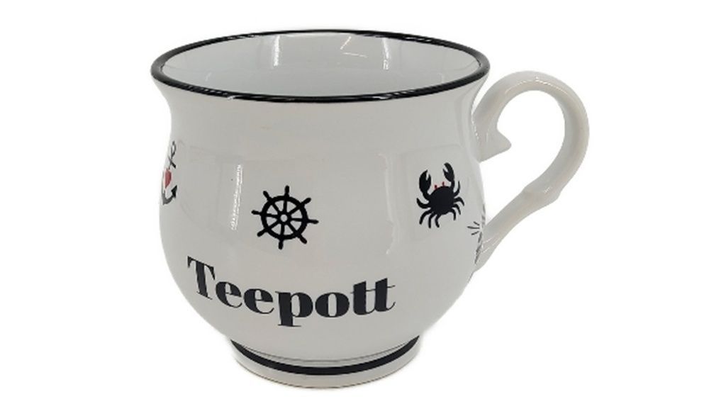 Teepott Kugelbecher aus Porzellan mit maritimem Design, Weiß mit schwarzem Rand, ca. 9x9 cm