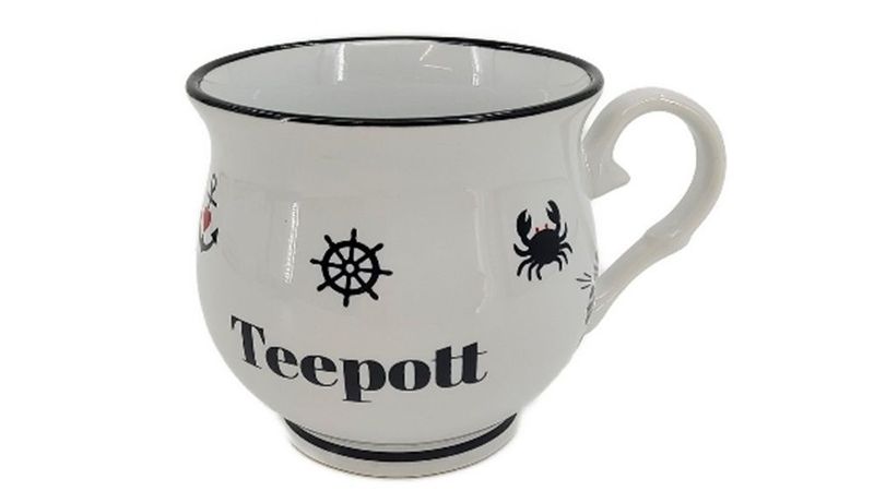 Teepott Kugelbecher aus Porzellan mit maritimem Design, Weiß mit schwarzem Rand, ca. 9x9 cm Teepott Kugelbecher aus Porzellan mit maritimem Design, Weiß mit schwarzem Rand, ca. 9x9 cm