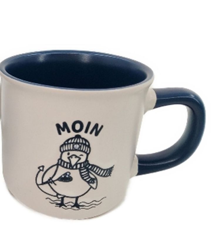 Heimartliebe Keramik Becher mit Möwe Moin Motiv, 340ml, 9x9cm, Weiß und Blau Heimartliebe Keramik Becher mit Möwe Moin Motiv, 340ml, 9x9cm, Weiß und Blau