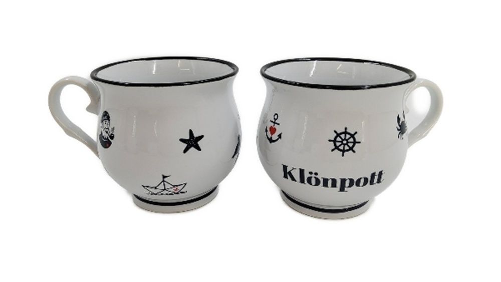 Kugelbecher Klönpott Porzellan Tasse mit maritimen Motiven, Weiß mit schwarzem Rand, 9x9 cm Kugelbecher Klönpott Porzellan Tasse mit maritimen Motiven, Weiß mit schwarzem Rand, 9x9 cm