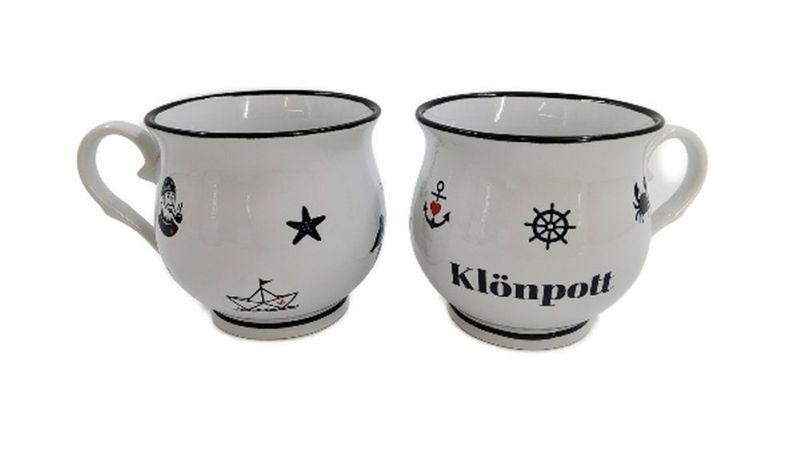Kugelbecher Klönpott Porzellan Tasse mit maritimen Motiven, Weiß mit schwarzem Rand, 9x9 cm Kugelbecher Klönpott Porzellan Tasse mit maritimen Motiven, Weiß mit schwarzem Rand, 9x9 cm