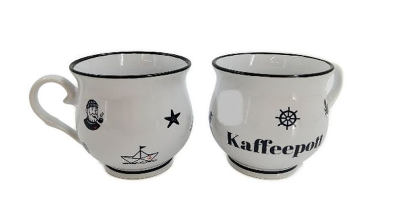 Kaffeepott Kugelbecher mit maritimen Motiven, Porzellan, Weiß mit schwarzem Rand, 9x9 cm Kaffeepott Kugelbecher mit maritimen Motiven, Porzellan, Weiß mit schwarzem Rand, 9x9 cm