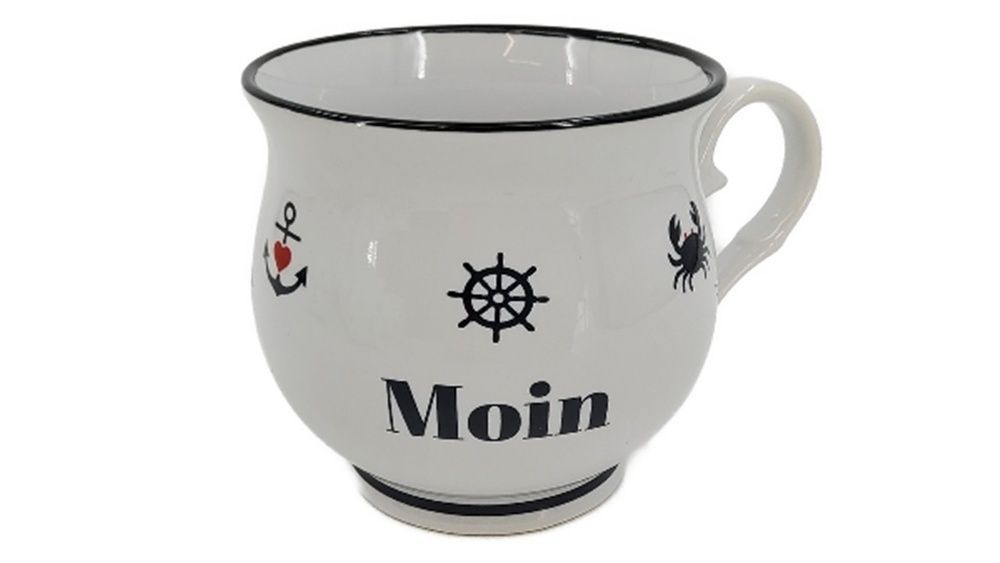 Kugelbecher Moin mit maritimen Motiven, Porzellan, Weiß mit schwarzem Rand, ca. 9x9 cm Kugelbecher Moin mit maritimen Motiven, Porzellan, Weiß mit schwarzem Rand, ca. 9x9 cm