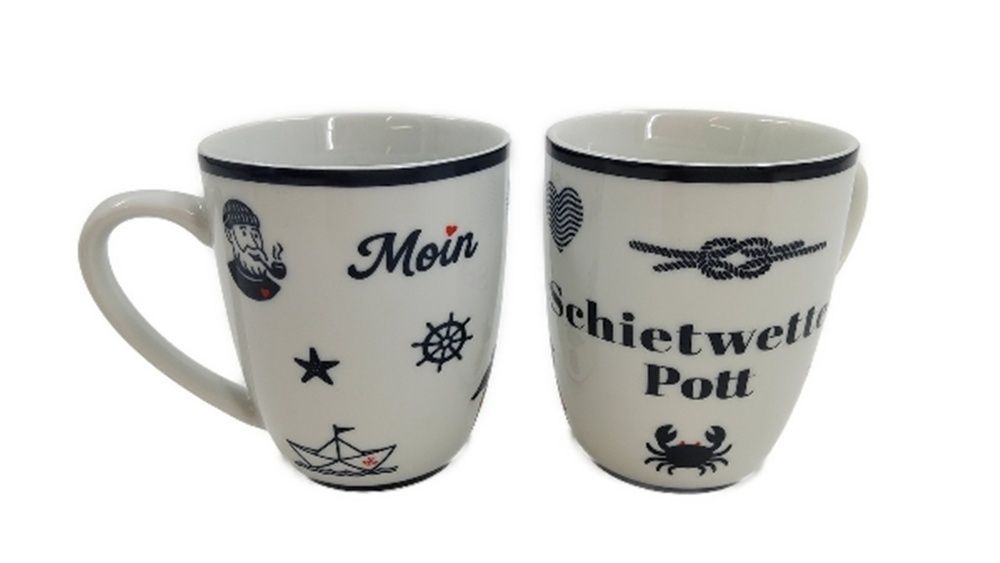 Porzellan Tasse Schietwetter Pott mit Maritimen Motiven, Weiß mit Schwarzem Rand, 10x8cm