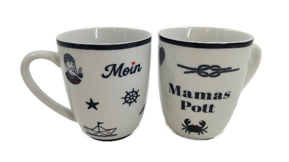 Porzellan Tulpenbecher Mamas Pott mit Maritimen Motiven, Weiß mit Schwarzem Rand, 10x8cm Porzellan Tulpenbecher Mamas Pott mit Maritimen Motiven, Weiß mit Schwarzem Rand, 10x8cm