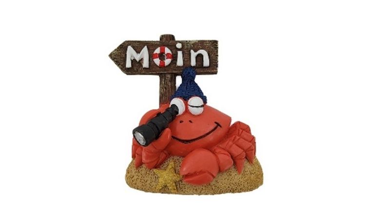Krebs-Figur mit Moin-Schild, Polyresin, 7x6 cm, Maritimes Dekor Krebs-Figur mit Moin-Schild, Polyresin, 7x6 cm, Maritimes Dekor