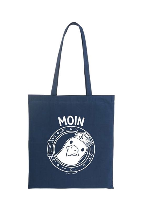 Baumwolltasche in Blau, 140 gsm, mit Möwe, Moin und Bullauge-Design Baumwolltasche in Blau, 140 gsm, mit Möwe, Moin und Bullauge-Design