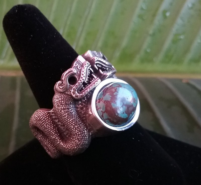 Aztec Quetzalcoatl Serpent Ring with Turquoise
