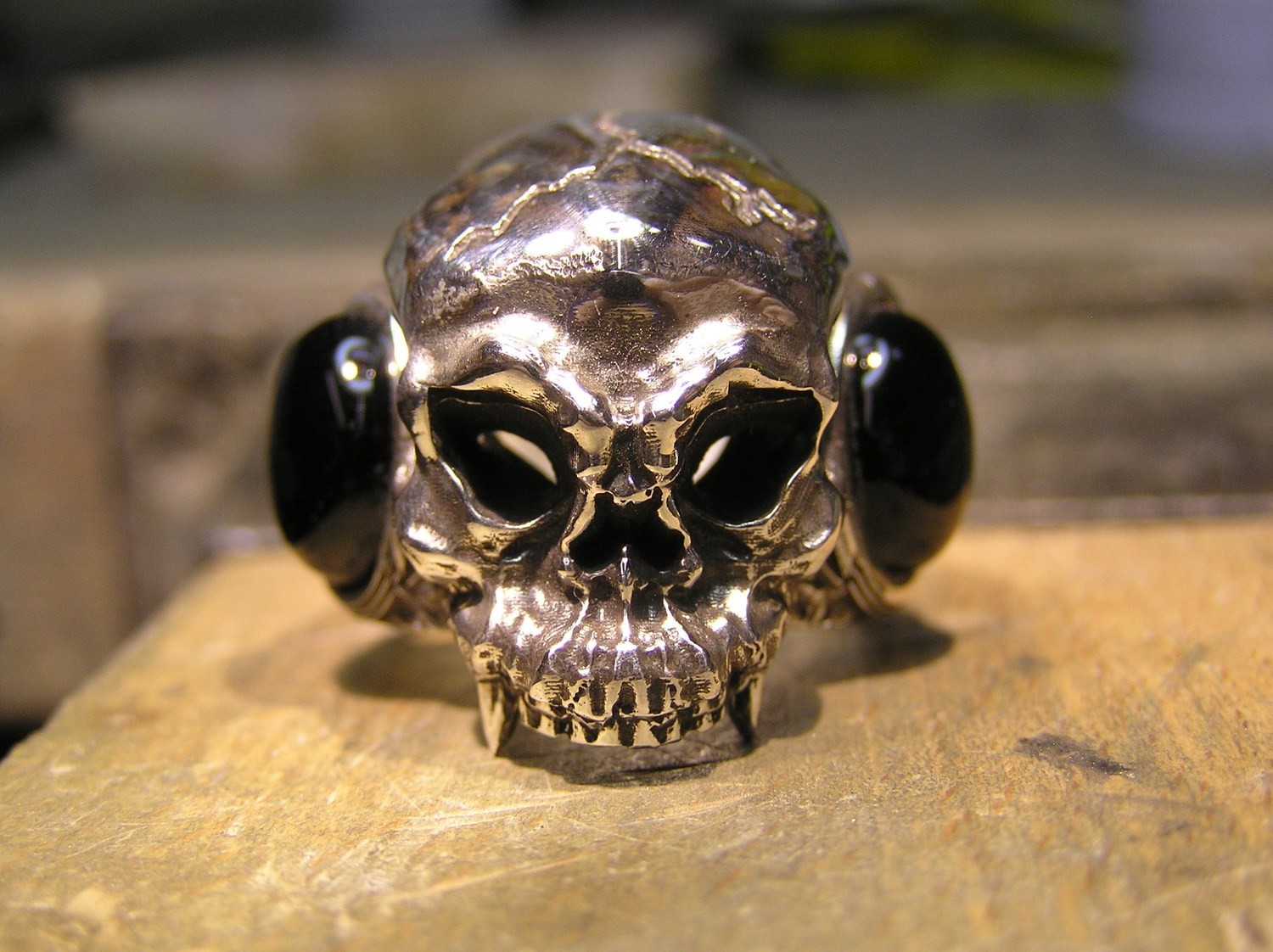 Orc Skull Ring with Onyx Stones