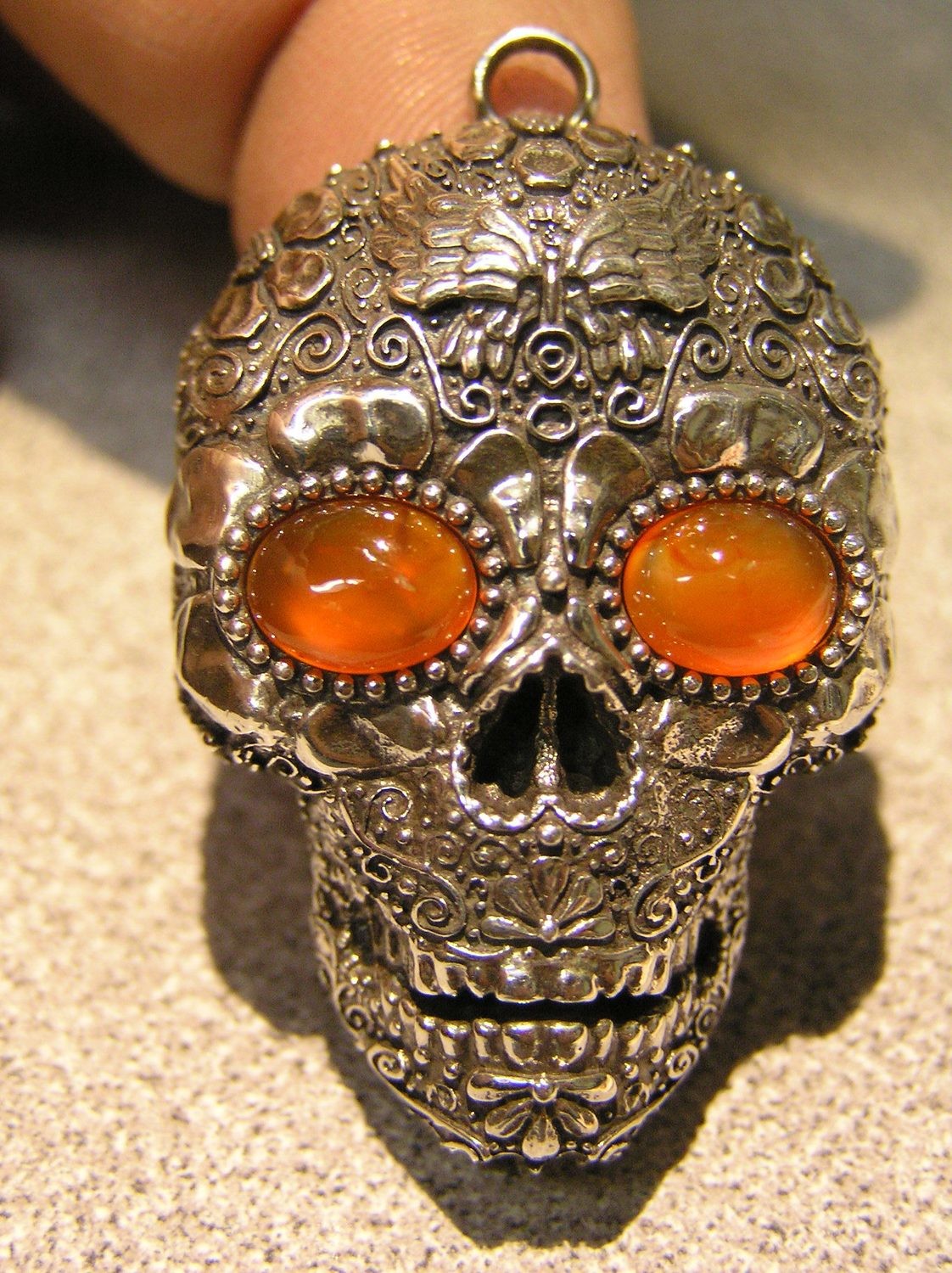 Sugar Skull Pendant with Fire Opal Eyes